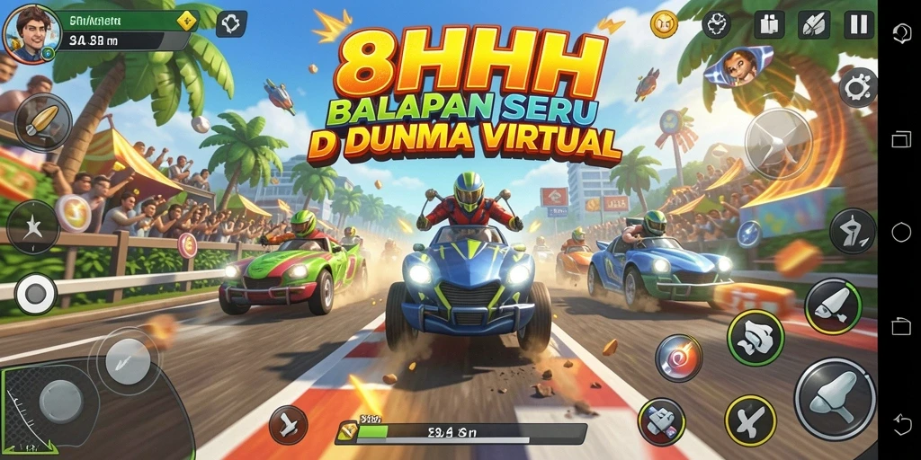 Screenshot gameplay 8HHH menampilkan aksi balapan mendebarkan.