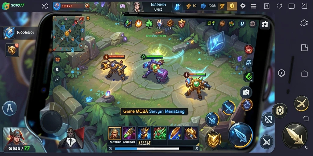 Screenshot GOTO77 menampilkan pertarungan sengit dalam arena MOBA.