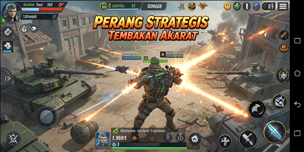 Tangkapan layar utama IDN668 menunjukkan aksi tembak-menembak yang intens.