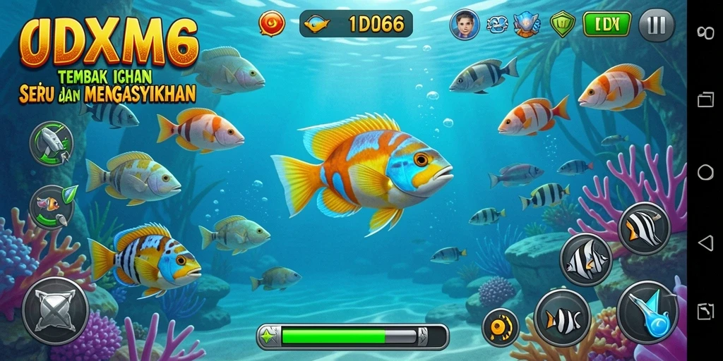 Screenshot gameplay IDX66 menunjukkan aksi menembak ikan yang mendebarkan.