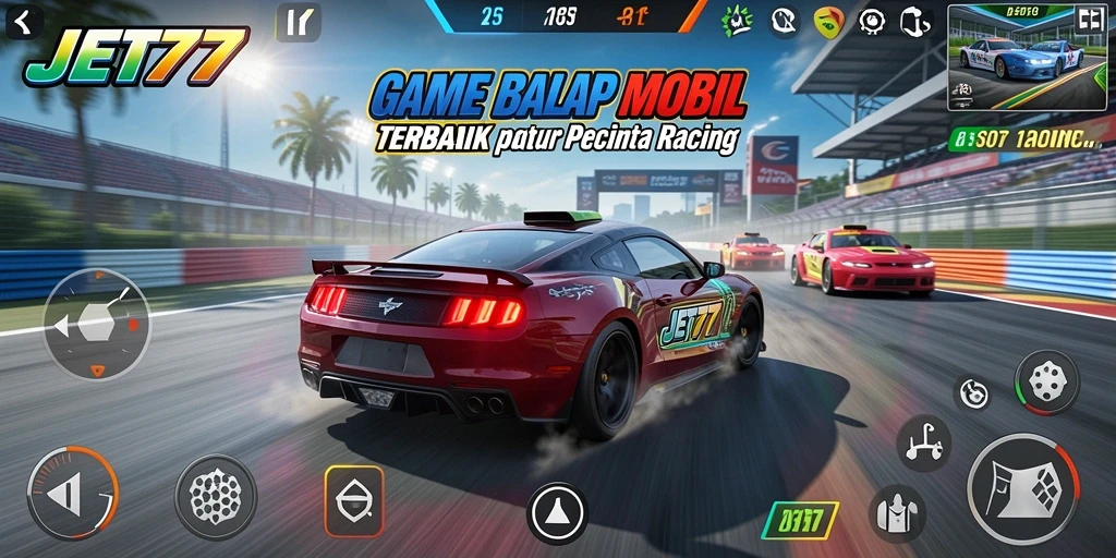 Tampilan gameplay <strong>JET77</strong> yang memukau dengan mobil balap berkecepatan tinggi.