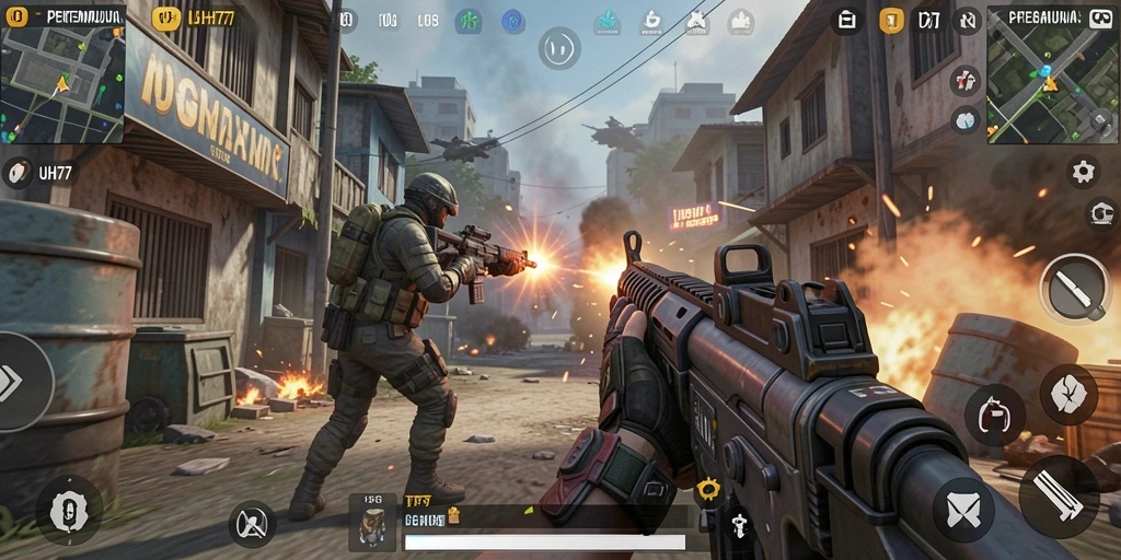 Tampilan gameplay UH77 dengan aksi pertempuran yang intens.